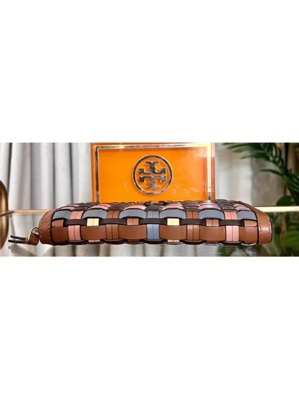 Tory Burch Womens Woven Leather Zip Wallet Multicolor Compact Design Brown Pink